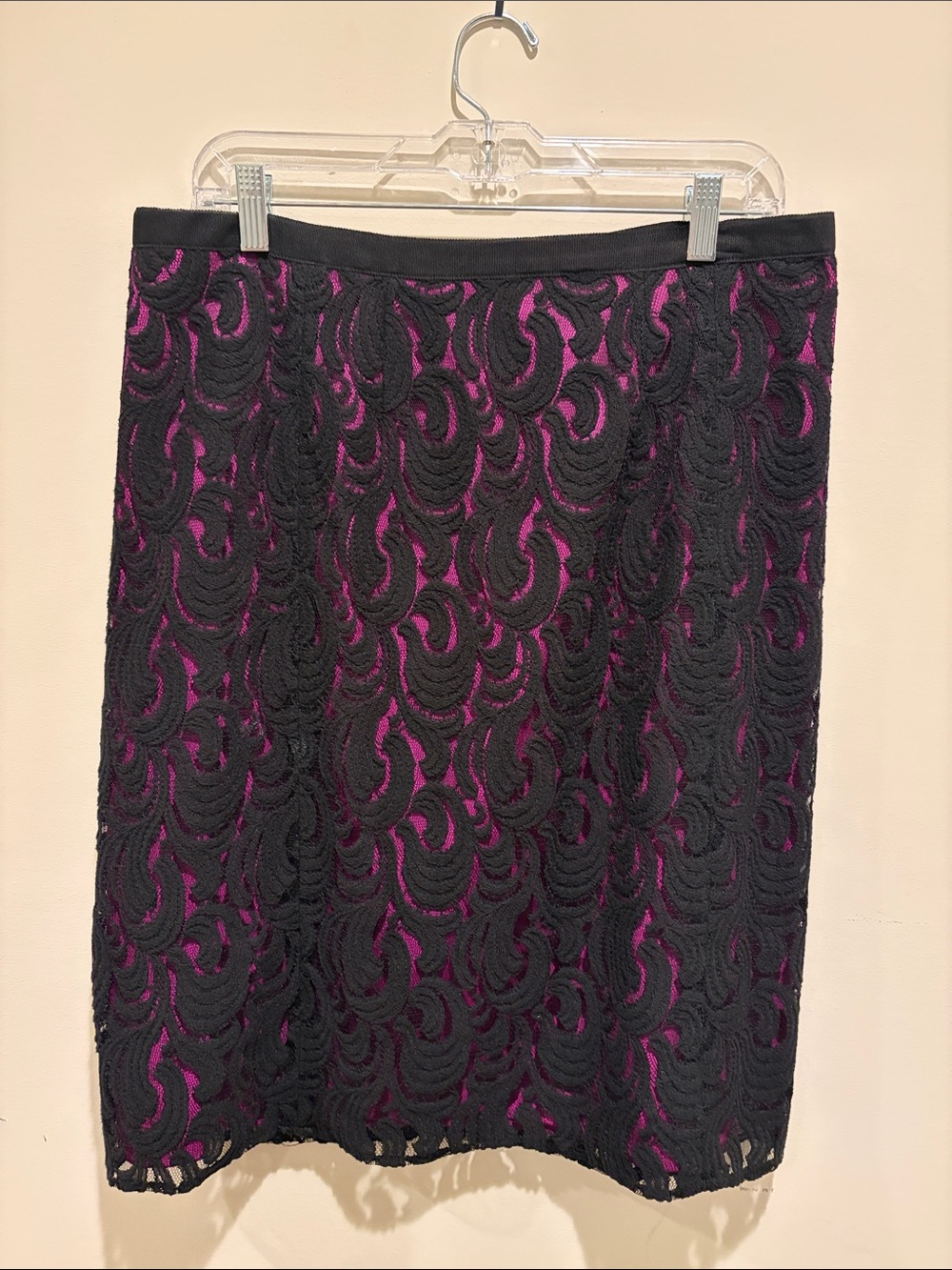 DKNY Black Lace Pencil Skirt with Fuchsia Underlay